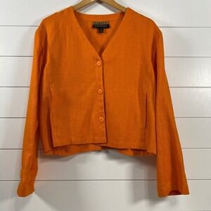 Finity Naturals Womens‎ 100% Linen V Neck Button Up Crop Shirt sz 8 Orange Bold